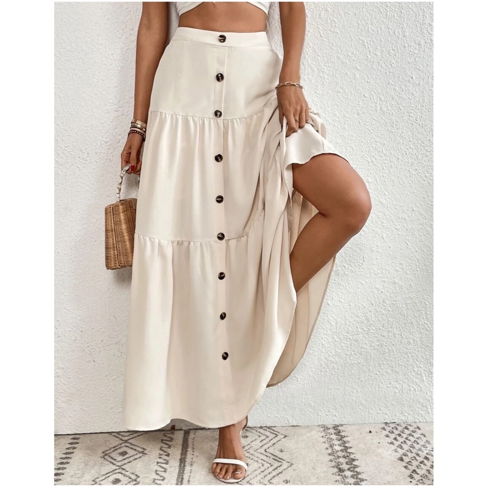 Solid High Waist Button Detail Ruffle Hem Maxi Skirt - Picture 2 of 15